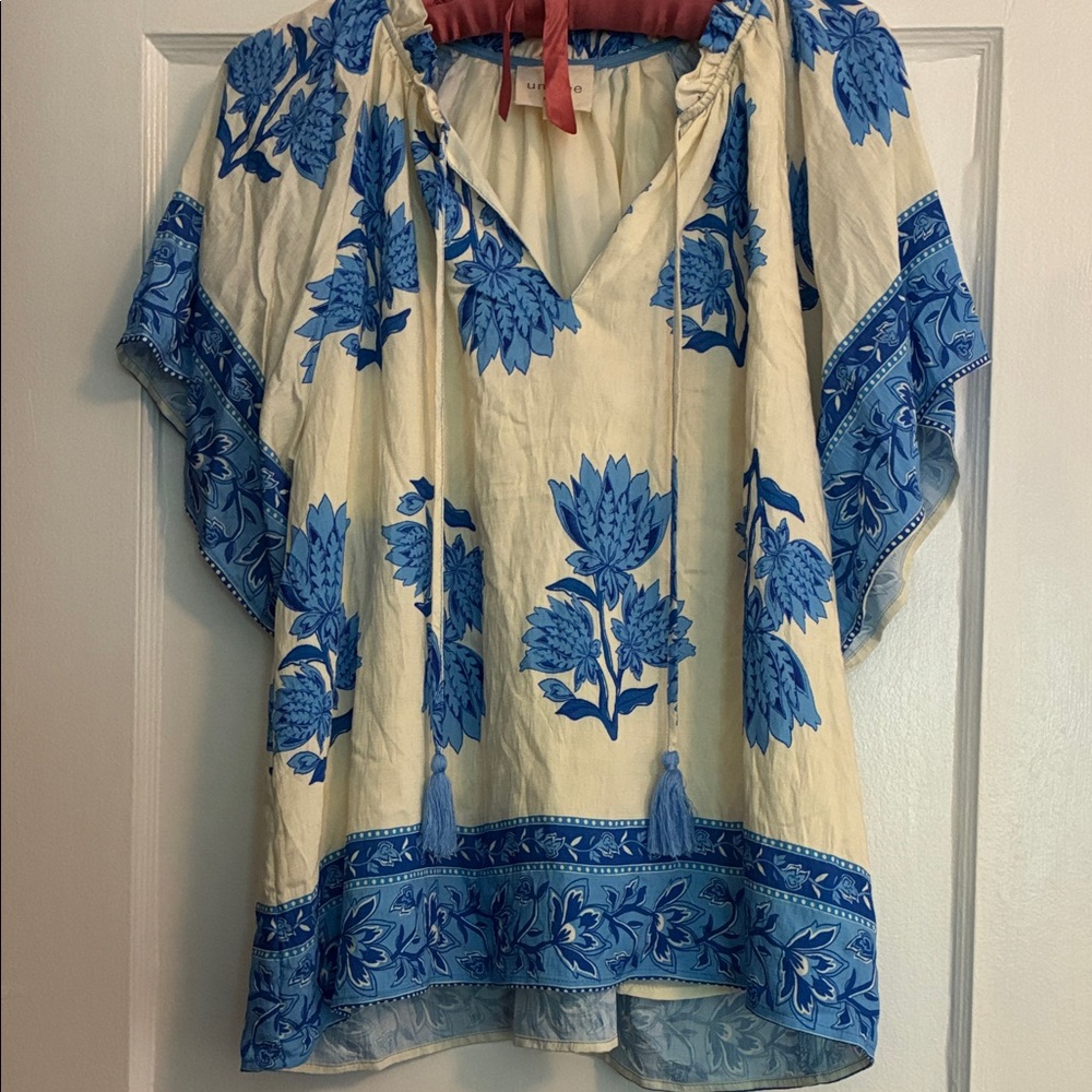 Boho Floral Tie-Neck Tunic Top — Blue on Cream